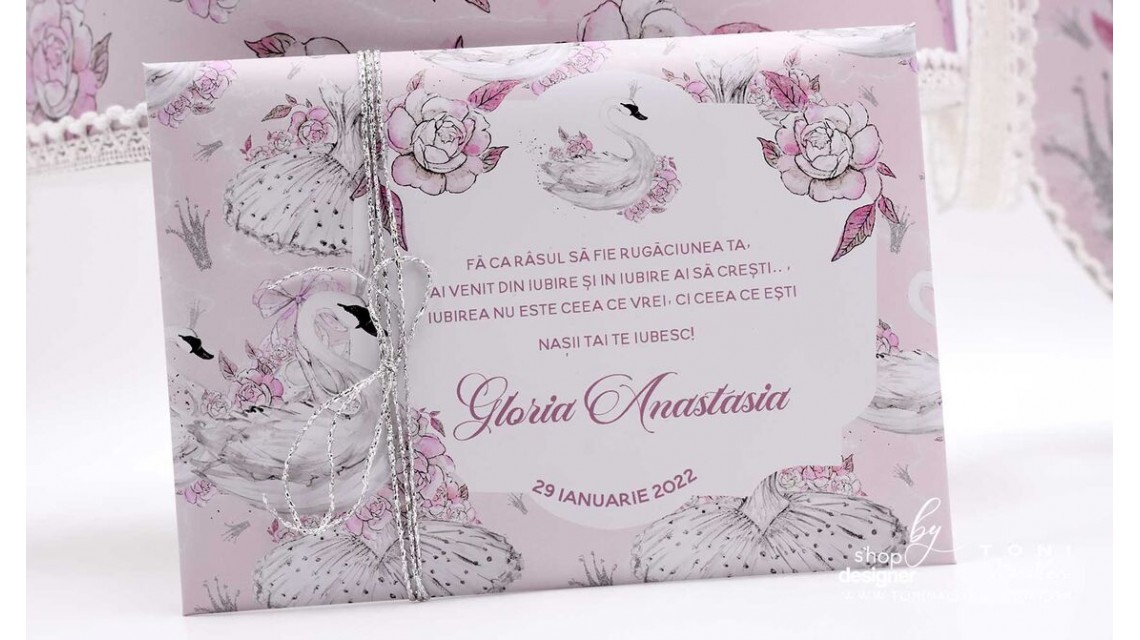 Trusou de botez cu lebede si motive florale personalizat pentru fete, Lebada alba 25